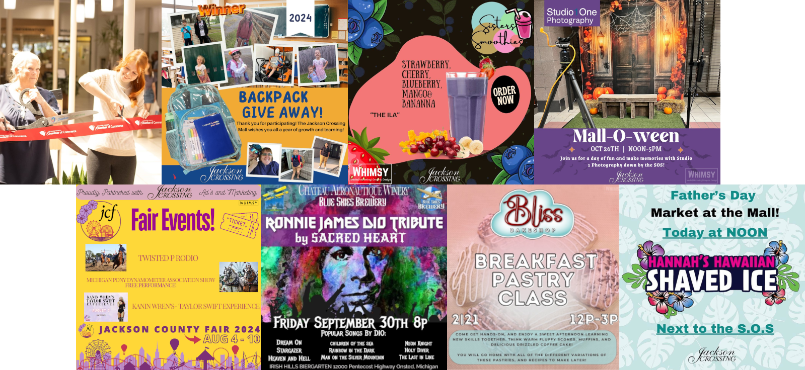 A collage of Whimsy community events, campaigns, photography, and promotional design work